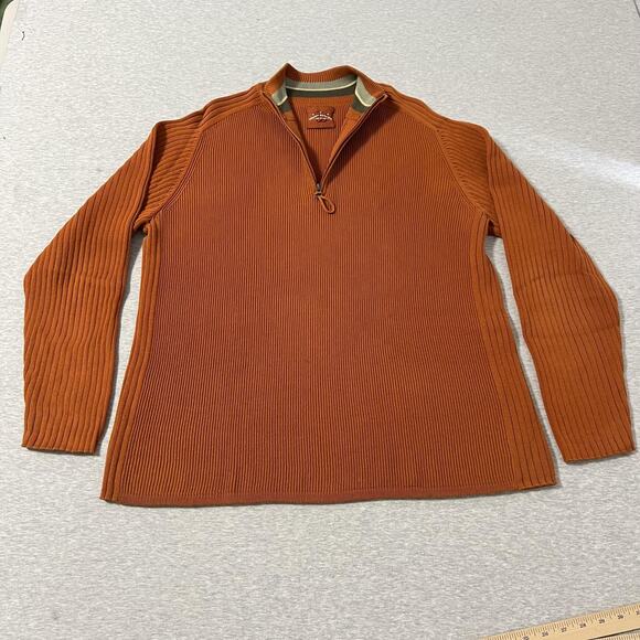 Tommy Bahama Denim Sweater Mens Large Orange Quarter Zip Ribbed Cotton Pullover - Picture 1 of 10